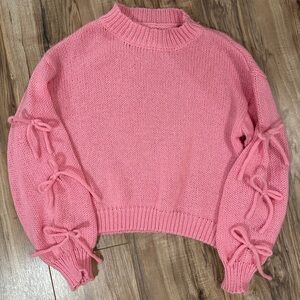 Pink Knit Sweater with Bow Details